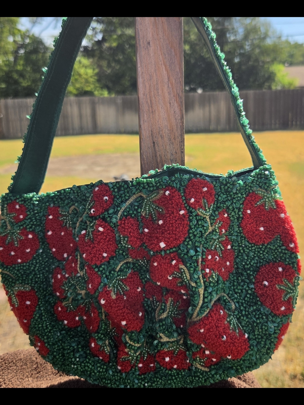 T.J.Maxx Green & Red Beaded Strawberry Shoulder Bag